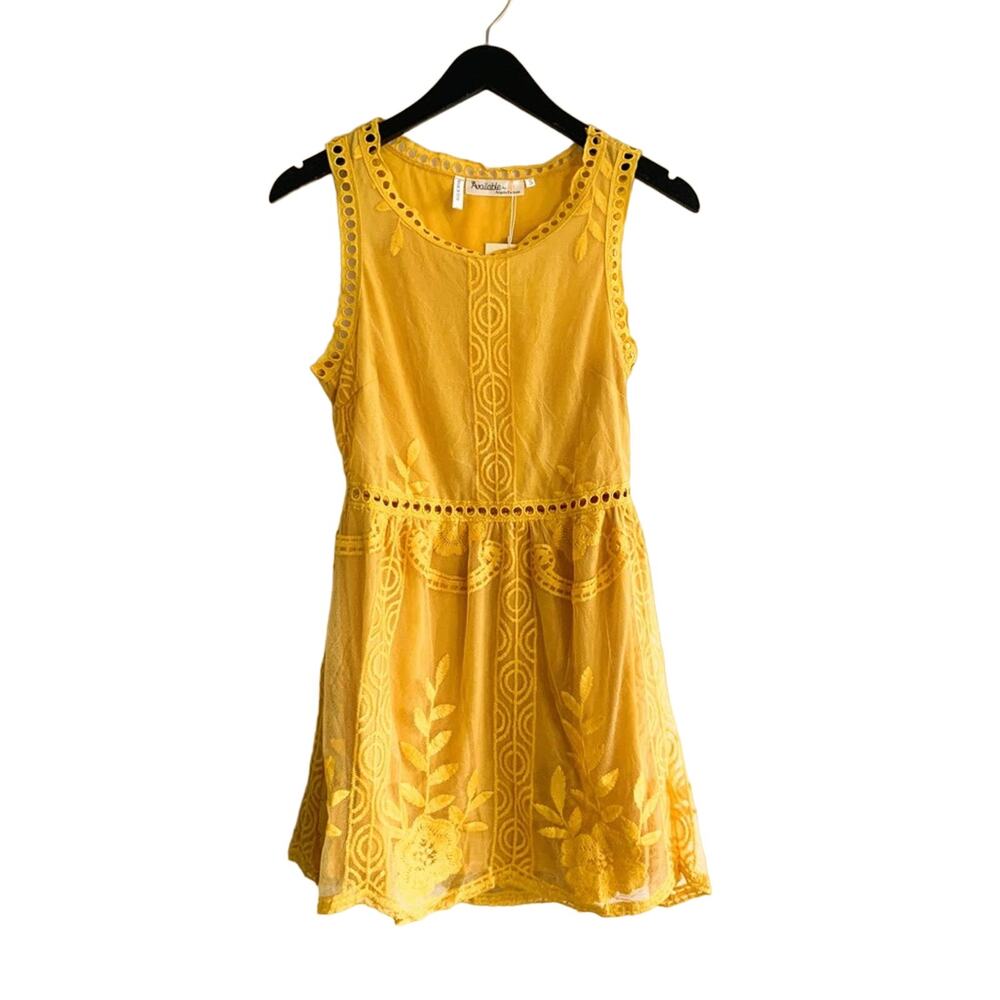 Yellow Embroidered Mini Dress Small New